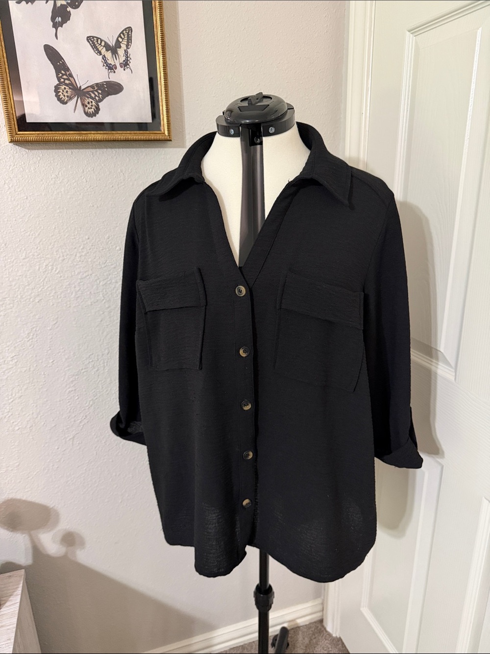 Relaxed Black Button-Down Shirt with Chest Pockets